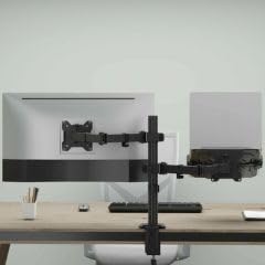 Image of 17 to 32 inch Monitor & Laptop Desk Arm Stand with Holder for 10-17 Inch Laptops, 2-in-1 Clamp and Grommet Base, Adjustable Height, Retractable Clamps with Cable Cutouts, Non-Slip Pads, Safety Ledge