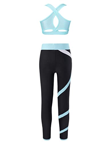 Tiaobug Kids Girls Crop Tops And Athletic Leggings 2 Pieces Activewear Set Leopard Print Gym Yoga Workout Outfits Light Blue D 8 #TOP1