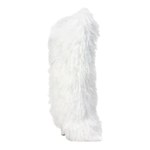 Liliana Women Chunky Heel Pointed toe Knee high Fur boots With Full Side Zipper Fancy-1 White 11