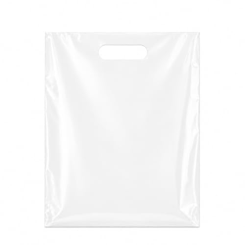 100 Pack White Plastic Shopping Bags 9 x 12 with Die Cut Handles