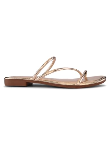 Image of XE Looks Women's Metallic Strappy Flat Sandals with Square Toe | Cushioned Footbed | Comfortable Lightweight Stylish Slip-On Open Toe Flats for Girls & Women