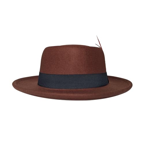Punctualgood Wool Felt Fedora Hats for Women Men, Wide Brim Flat Top Hat Porkpie Hat, Jazz Hat with Feather Unisex
