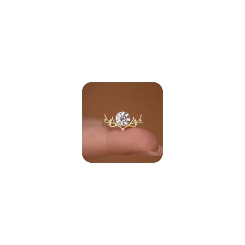 14K Gold Plated Antler Rings for Women Cubic Zirconia Statement Promise Rings Christmas Deer Rings Festival Jewelry Cute Zircon Crystal Wedding Ring 9#