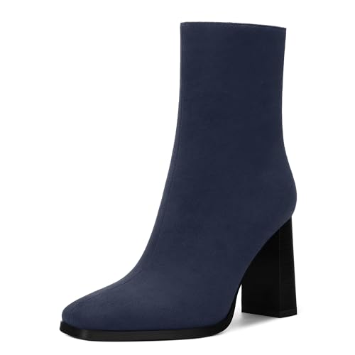 Womens Ankle Boots, Square Toe High Heel Short Boots for Women, Fashion Chunky Heel Mid Calf Boots with Side Zipper 3.5 In