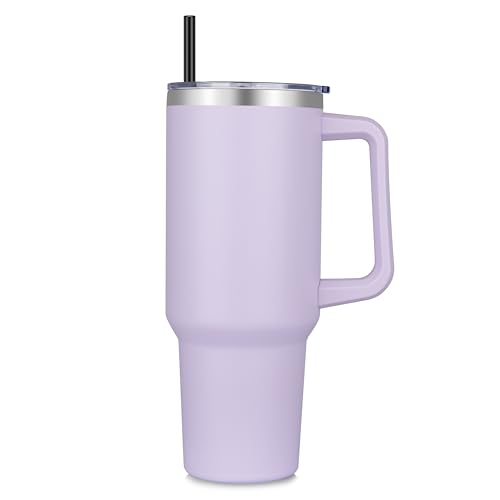 DOMICARE 40 oz Tumbler with Handle and Straw, Stainless Steel Tumbler with Lid and Straw, Reusable Vacuum Insulated Cup, Travel Coffee Mug, Lavender, 1Pack
