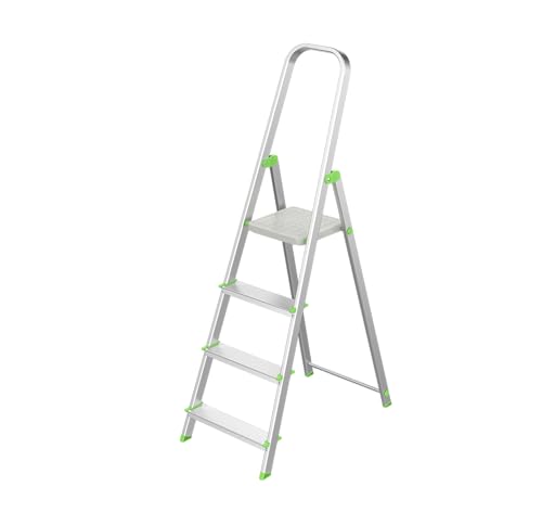 KEROPPA Escalera de Tijera Plegable Marca Española Escalera de Aluminio 4 peldaños con Gancho de Pared Multiusos Antideslizante Ligera y Resistente Escalera Doméstica Fácil Transporte