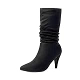 DREAM PAIRS Women's High Heel Mid Calf Boots Slouchy Pointed Toe Fall Boots,Size 9,Black/Suede,KIMLY