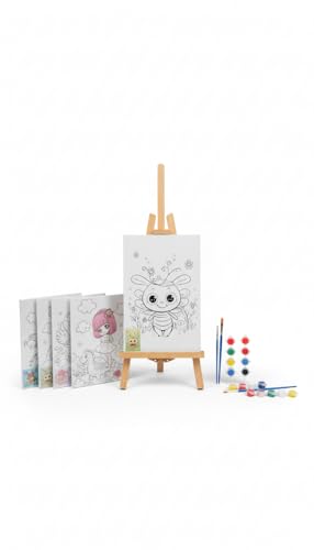 Conjunto de pintura para crianças com 4 telas desenhadas, cavalete de madeira, 4 conjuntos de pinturas e pincéis - kit completo de artesanato infantil e atividades criativas - presente ideal