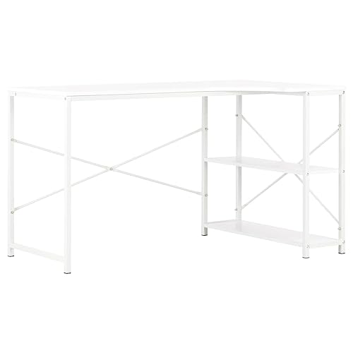 Mhdvray Escritorio blanco para ordenador, 120 x 72 x 70 cm, forma de L, con 2 estantes, escritorio esquinero de madera y metal, escritorio moderno para oficina en casa