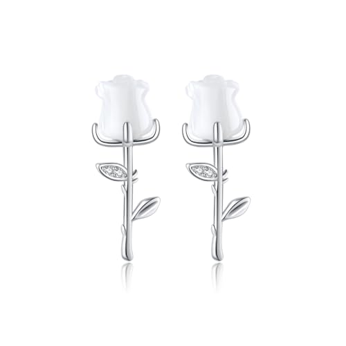 Reffeer Solid 925 Sterling Silver Rose Flower Stud Earrings for Women Teens CZ Flower Stud Earrings Drops Spring Earrings