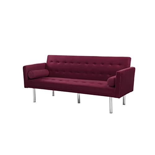 Lch Bed, 68.5" Modern Velvet Convertible Folding Lounge Couch, Upholstered Twin Size Sleeper Sofa With Arm 2 Pillows Split Back Design And Silver Metal Legs For Compact Space, Red #TOP2