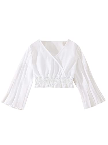 Shenhe Girl's Cute Wrap V Neck Pleated Long Sleeve Shirred Peplum Blouse Crop Tops White 9Y #TOP23