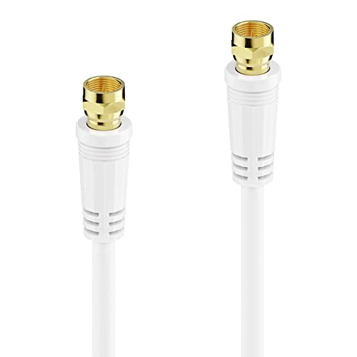 Cable de satélite (5 m, 75 ohmios, 110 dB, apantallamiento cuádruple, conector F a conector F, cable coaxial, cable de antena, TV, HDTV, radio DVB-T, DVB-C, DVB-S2, 2 núcleos de ferrita), color blanco