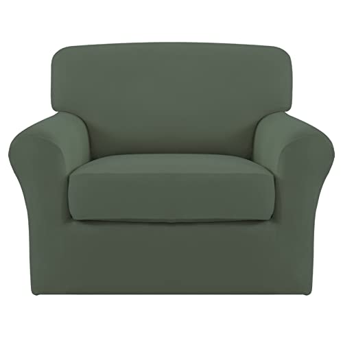 Image of Easy-Going 2 Pieces Stretch Sofa Slipcover for Armchair Washable | Spandex Soft Fitted Sofa Couch Cover for Living Room Washable Furniture Protector with Bottom Kids Pet Greyish Green