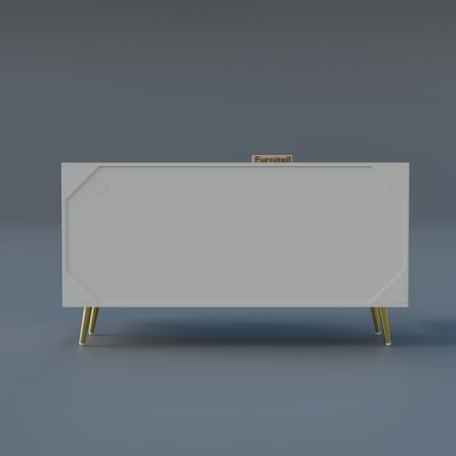 Image of Wooden Sideboard Cabinet for Living Room & Bedroom | Geometric Design Side Board Crockery Cabinet with 3 Doors Storage for Home | HDMR Premium Wood | Golden Metal Legs (White)
