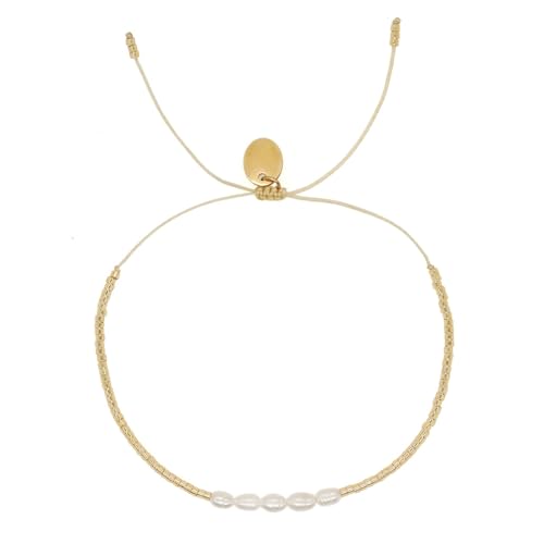EQUBIO Gold Seed Bead Bracelet for Women 14K Plated Adjustable String Bracelet with Freshwater Pearl Beads Handmade Minimalist Jewelry for Daily Wear and Layering