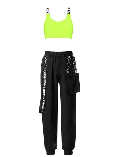 Choomomo Kids Girls Fashion Dance Suit Hoodie Top Vest and Long Pants Set for Hip Hop Dance Outfits Fluorescent Green E 8 Years