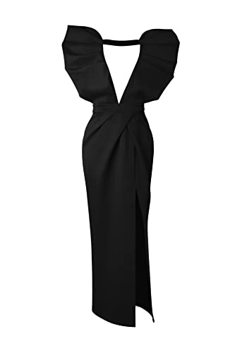 Memoriesea Women's Sexy Deep V Neck Puff Sleeve Side Split Ruched Backless Gown Dress Black #TOP5