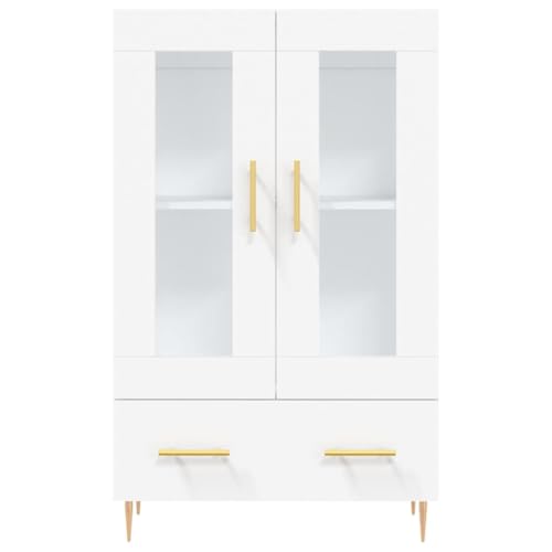 Aparador con Puertas de Vidrio y Cajón, Gabinete de Almacenamiento con Mangos Dorado y Patas Cónicas, Vitrina para Organización de Sala de Estar Dormitorio (Blanca)