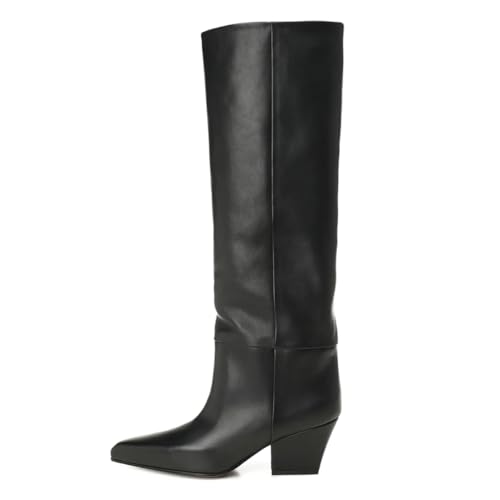 FOWT Women Classic Pointed Toe Chunky Low Heel Knee High Boots Pull on Winter Fall Leisure Daily Long Boots Size 4-16 US