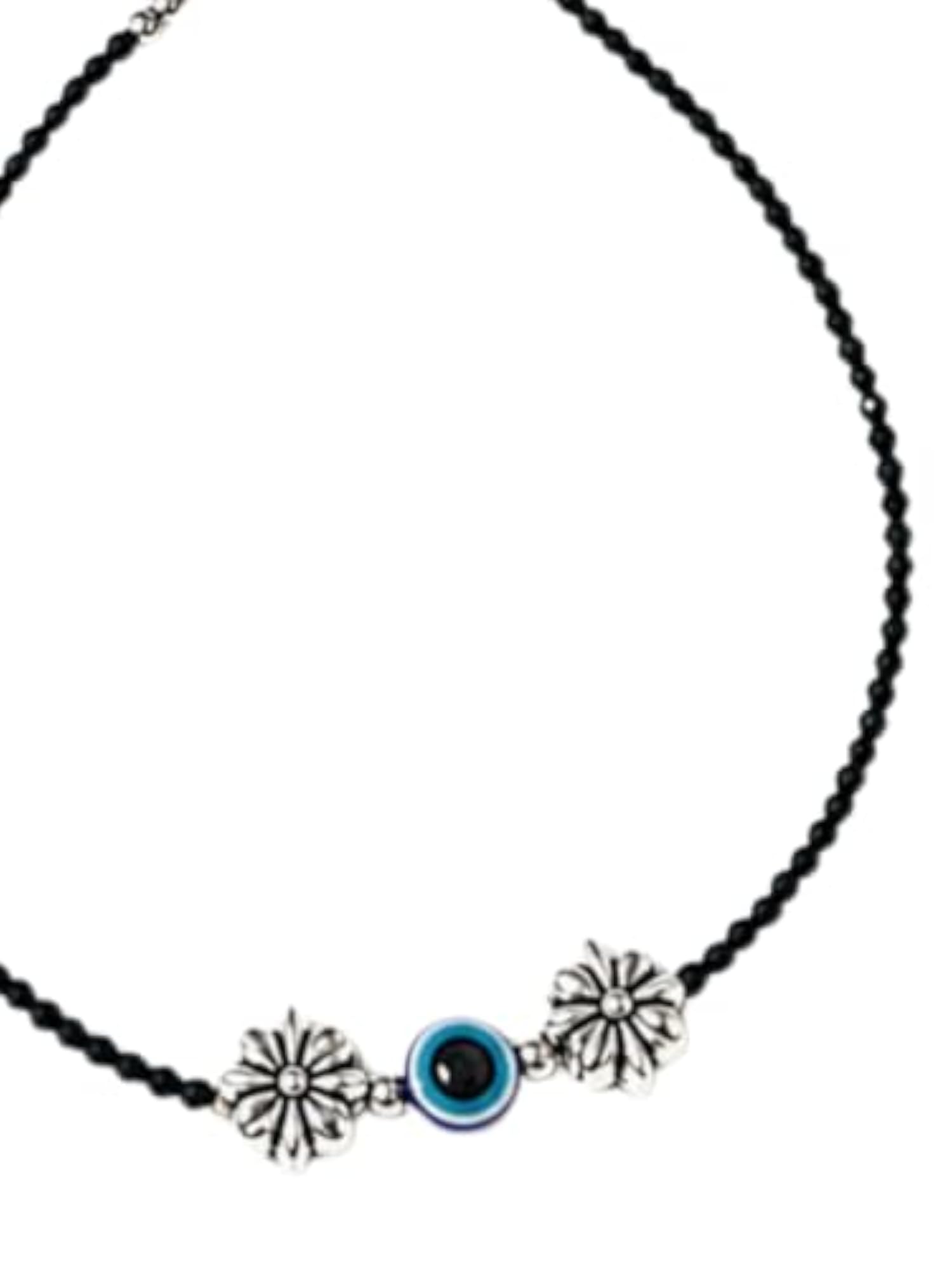 Evil Eye Black Bead Anklet Pair with Oxidized Silver Flower Charms