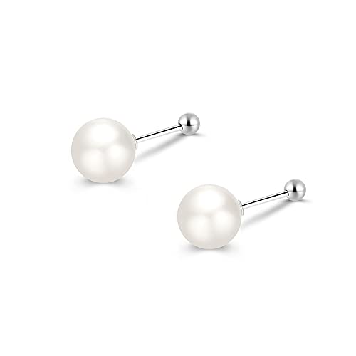 Shell Pearl Small Stud Earrings for Women Girls 925 Sterling Silver Helix Screw Black Mini 20G Cartilage Tragus Round Ball Pearls Barbell Piercing Sleeper Jewelry Minimalist Fashion Gifts Birthday Hypoallergenic (8mm)