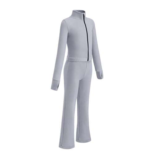 Stylish Girls 2-Piece Tracksuit Set - Light Gray Jogging Suit with Turtleneck Top & Flared Pants