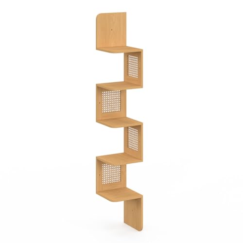 Etagère murale d'angle EDHEN 5 niveaux bois et cannage - vue 4