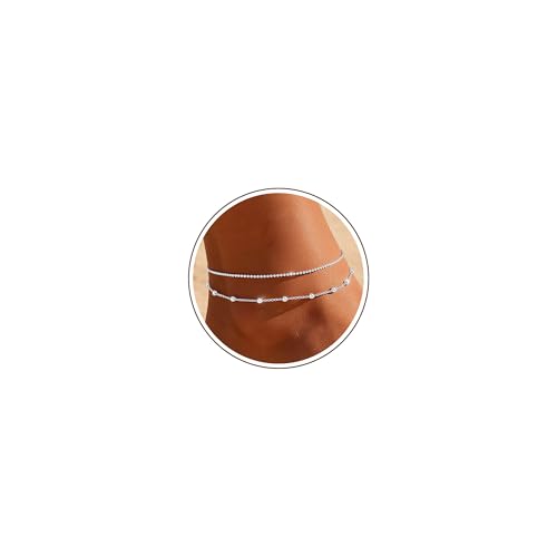 Image of Chihayafuji 925 Silver Ankle Bracelets for Women,14K Gold Waterproof Layered Stackable Dainty Cute Bead Chain Non Tarnish Adjustable Anklet Bracelet for Summer Beach Jewelry Gift