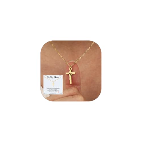 FaithHeart Stainless Steel Small Mom Cross Necklace for Women - Silver/Gold Dainty Faith Christian Pendant Necklaces with Message Card, Religious Jewelry Gifts for Mother Birthday A4-Mom-Gol
