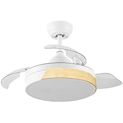 Ventilador Madera M Ledme - Ventilador de Techo con luz Led Messe 72W Blanco con madera natural Haya y Mando a Distancia, motor DC, 6 velocidades, Silencioso ,4 Aspas desplegables, función verano-invierno, temporizador