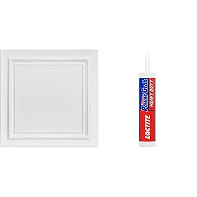 A La Maison Ceilings R24 Line Art Foam Glue-up Ceiling Tile (259 sq. ft./Case), Pack of 96, Plain White & Loctite Power Grab Express Heavy Duty Construction Adhesive, 9 fl oz, 1, Cartridge