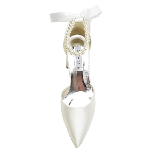 Image of Block Heel Wedding Shoes for Bride Pointed Toe Pearl Wedding Heels Bridal Shoes
