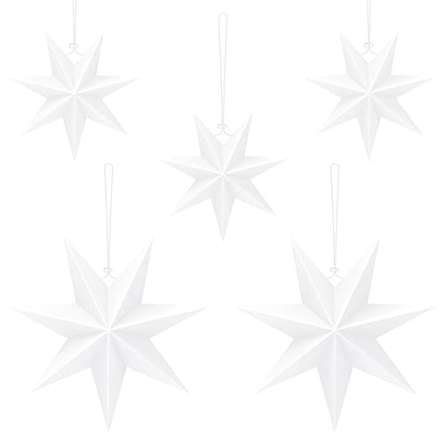 Étoile de Noël Pliante, Décoration Étoile en Papier 7 Points, 5 Étoiles en Papier pour Décoration de Noël, 25cm x 3 + 40cm x 2, Papier Étoile pour Décoration de Fenêtre, Avent, Sapin de Noël, Blanc Cover