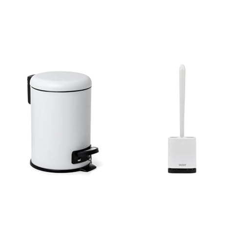 TATAY Set Papelera Baño con Pedal de Acero Inoxidable, 3L de Capacidad Color Blanco + Escobilla de Baño de Silicona, Flexible Cepillo Gris.