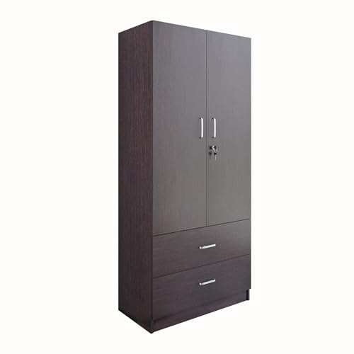 Image of VIKI Wardrobe | Tulum Wardrobe | Wooden Almirah for 2 Door Wardrobe with 2 Drawer & Hanging Space (Dark Wenge - 40D x 80W x 180.8H) | 1 Year Warranty | Free Assembly
