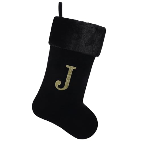 Yehnois Personalized Black Velvet Christmas Stocking,Embroidered Initial“J”
