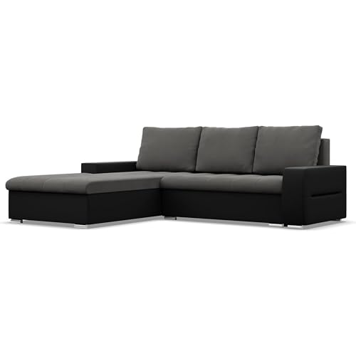 Mebligo - Ecksofa mit Schlaffunktion und Bettkasten Aurora, Eckcouch mit Ottomane Links, Sofa L Form (BxTxH) 243 x 200 x 92 cm, Couch Wohnzimmer, Ecke Sofa, Dunkelgrau + Schwarz (Samt und Kunstleder) Mebligo - Ecksofa mit Schlaffunktion und Bettkasten Aurora, Eckcouch mit Ottomane Links, Sofa L Form (BxTxH) 243 x 200 x 92 cm, Couch Wohnzimmer, Ecke Sofa, Dunkelgrau + Schwarz (Samt und Kunstleder)
