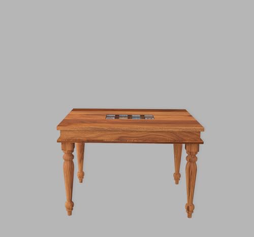 Image of MoonWooden Solid Sheesham 5-Piece Wooden Dining Set with Carved Back Chairs, Sheesham Wood Table and 4 Sky Blue Cushioned Chairs, Natural Finish
