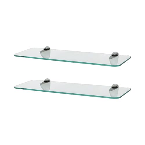 Harbour Housewares Rounded Floating Glass Bathroom Shelves - 40cm - Clear/Chrome - 2x Wall-Mounted Kitchen Bedroom Shower Room Décor Caddy Towel Storage Organiser Shelving Rack with Brackets