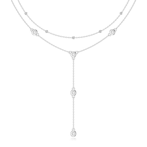 Diamond Station Layered Lariat Necklace for Women 925 Sterling Silver Layering Y-Shaped Chain Necklace with Lab Grown Diamond Jewelry Gifts