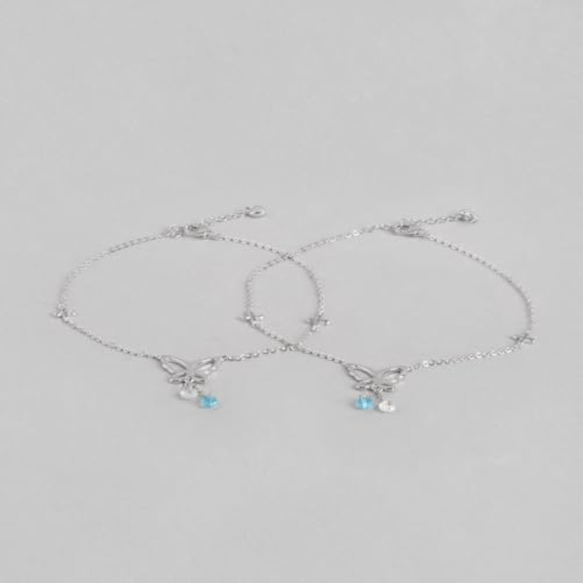 Women's 925 Sterling CZ Butterfly Rhodium Plated Anklet, Pair