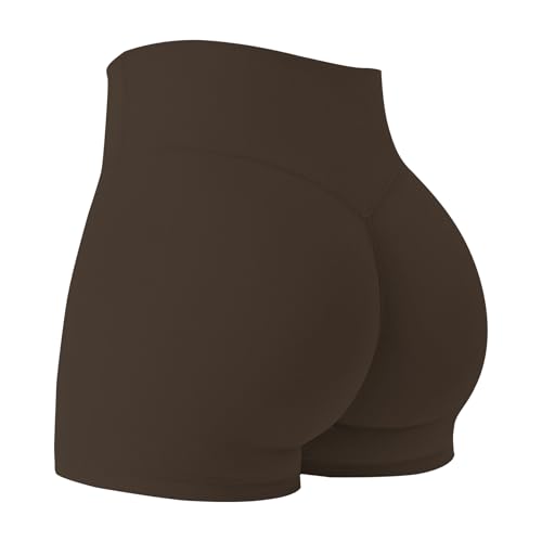 Image of JN JANPRINT Gym Shorts for Women 4.5" Running Cycling Shorts V Shape Back High Waist Tummy Control Hidden Butt Scrunch Yoga Shorts Brown