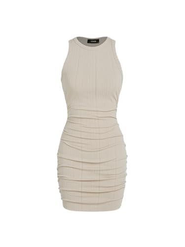 CIDER Ruched Knit Sleeveless Mini Dress: Beige, L