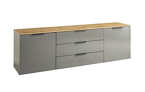 Mobile Porta TV della Linea GALAVERNA con 2 Ante e 3 Cassetti Base Multiuso Moderna Soggiorno LxAxP 200x61x44.5 cm Titanio Laccato Rovere Mielato Made in Italy grigio