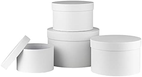 Gift Box with Lid Round Paper Gifts Jewelry Boxes Florist Hat Boxes Small Storage Box, Set of 4 Assorted Sizes Decorative Box for Gifts, Cake, Flowers, Crafting - White