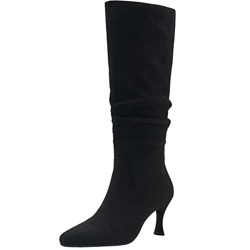 KISSYAYA Femmes Bottes Mi-mollet Nubuck Bout Pointu Kitten-Heel(39.5 EU, Noir) Cover