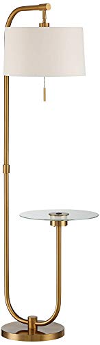 Possini Euro Design Volta Mid Century Modern Arched Floor Lamp With Usb Charging Port Glass Tray Table 66" Tall Antique Brass Gold Metal White Linen Drum Shade Living Room Reading House Bedroom #TOP7