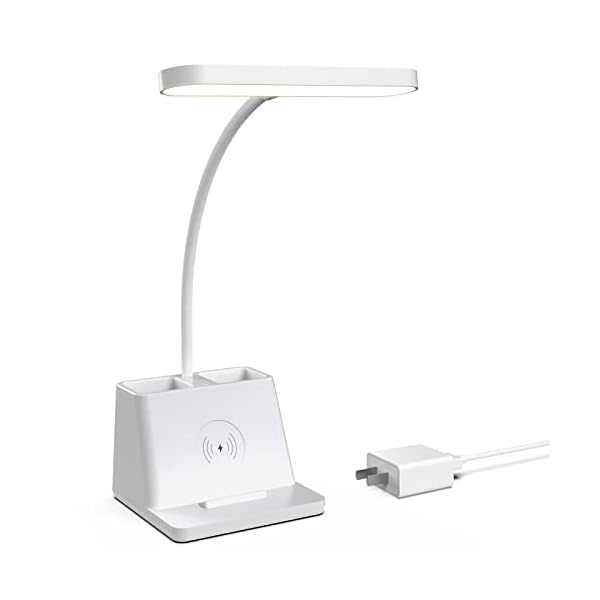 Small Desk Lamp with Wireless Charger, White Gooseneck Desktop Lamp, Study Lamps for Bedrooms