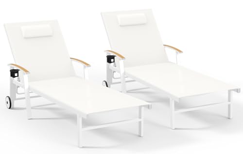 Ciokea Outdoor Lounge Chair with Pillow Set of 2, 5-Position Aluminum Chaise Lounge with Wheels & Armrests, 400 lbs Heavy Duty Patio Pool Chair for Backyard, Deck, Beach & Poolside, White
